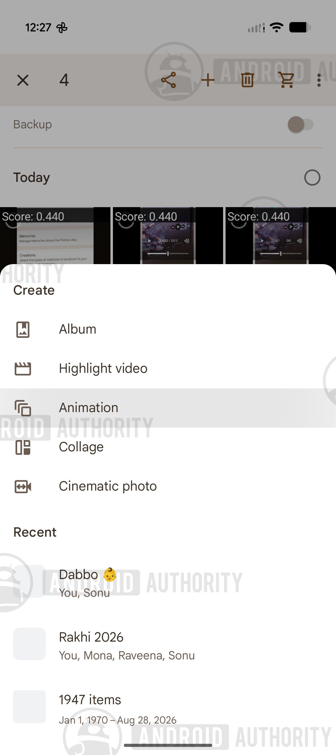 Tùy chọn tạo Animation trong menu Create của Google Photos