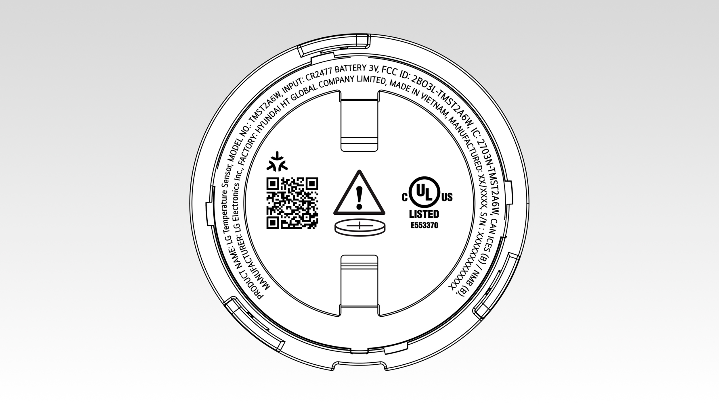 Bản vẽ mặt đáy cảm biến nhiệt độ LG với mã Matter và thông tin pin
