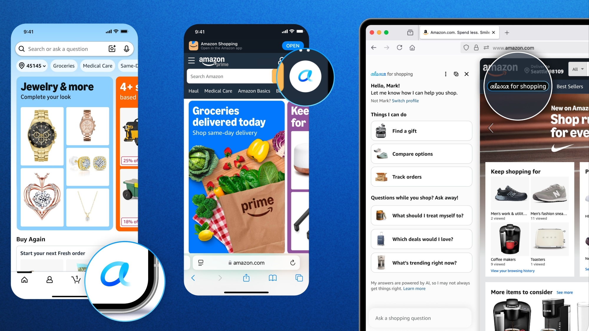 Vị trí truy cập Alexa for Shopping trên ứng dụng và website Amazon