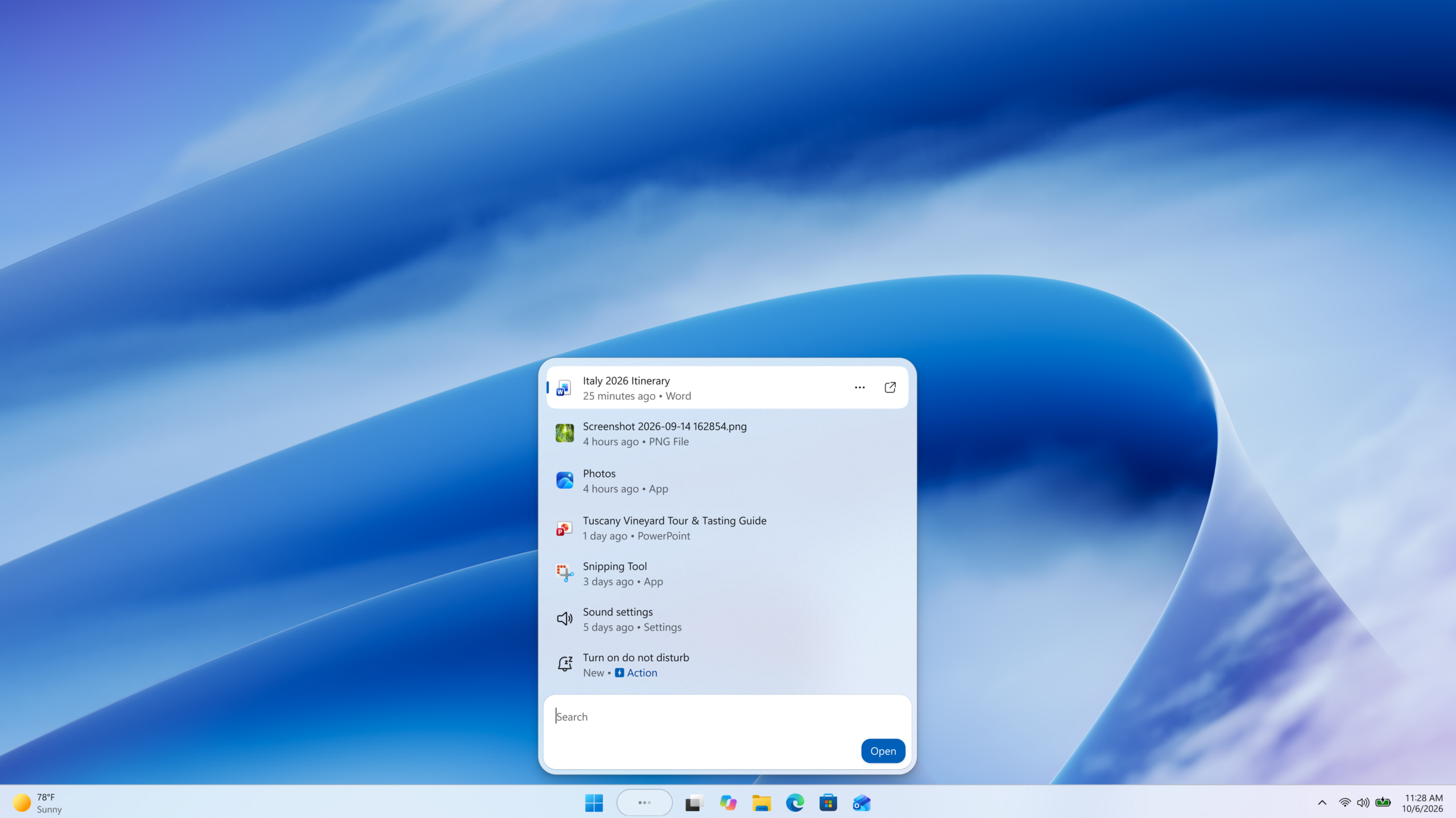 Windows Search hiển thị các mục gần đây cùng thao tác bật Không làm phiền