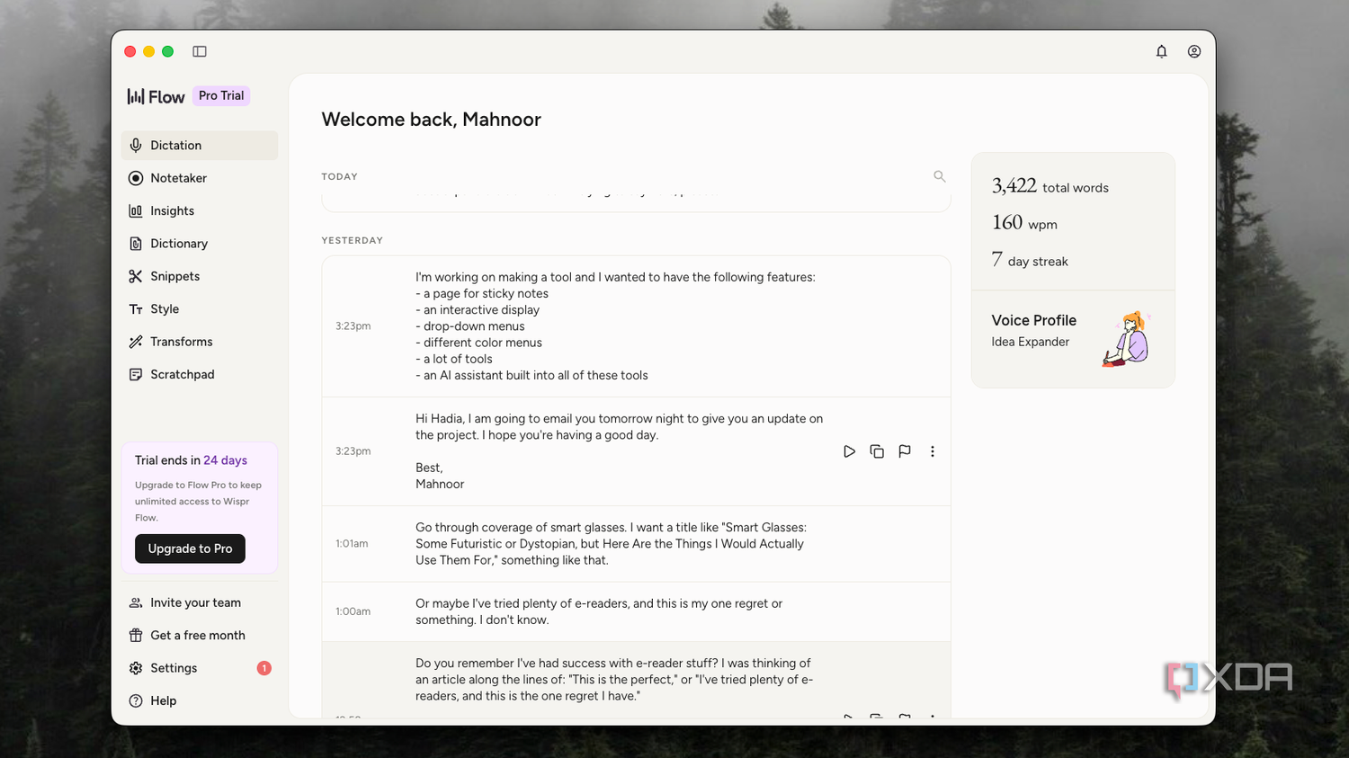 Wispr Flow home screen listing yesterday's dictations alongside word count and wpm stats