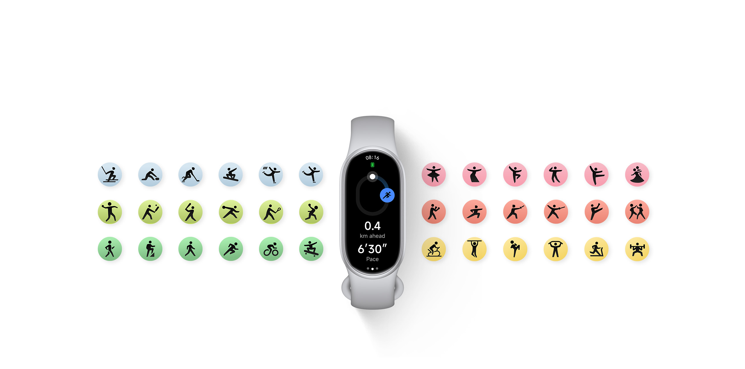 Xiaomi Smart Band 11 ở giữa các biểu tượng môn thể thao chạy bộ bơi lội