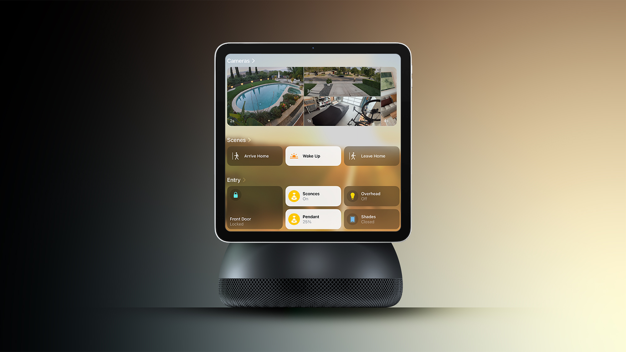 Ảnh dựng ý tưởng hub nhà thông minh Apple với màn hình vuông trên đế loa hình bán cầu