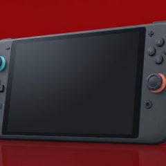 Ảnh dựng ý tưởng máy chơi game cầm tay Nintendo Switch 2 Lite màu xám trên nền đỏ.