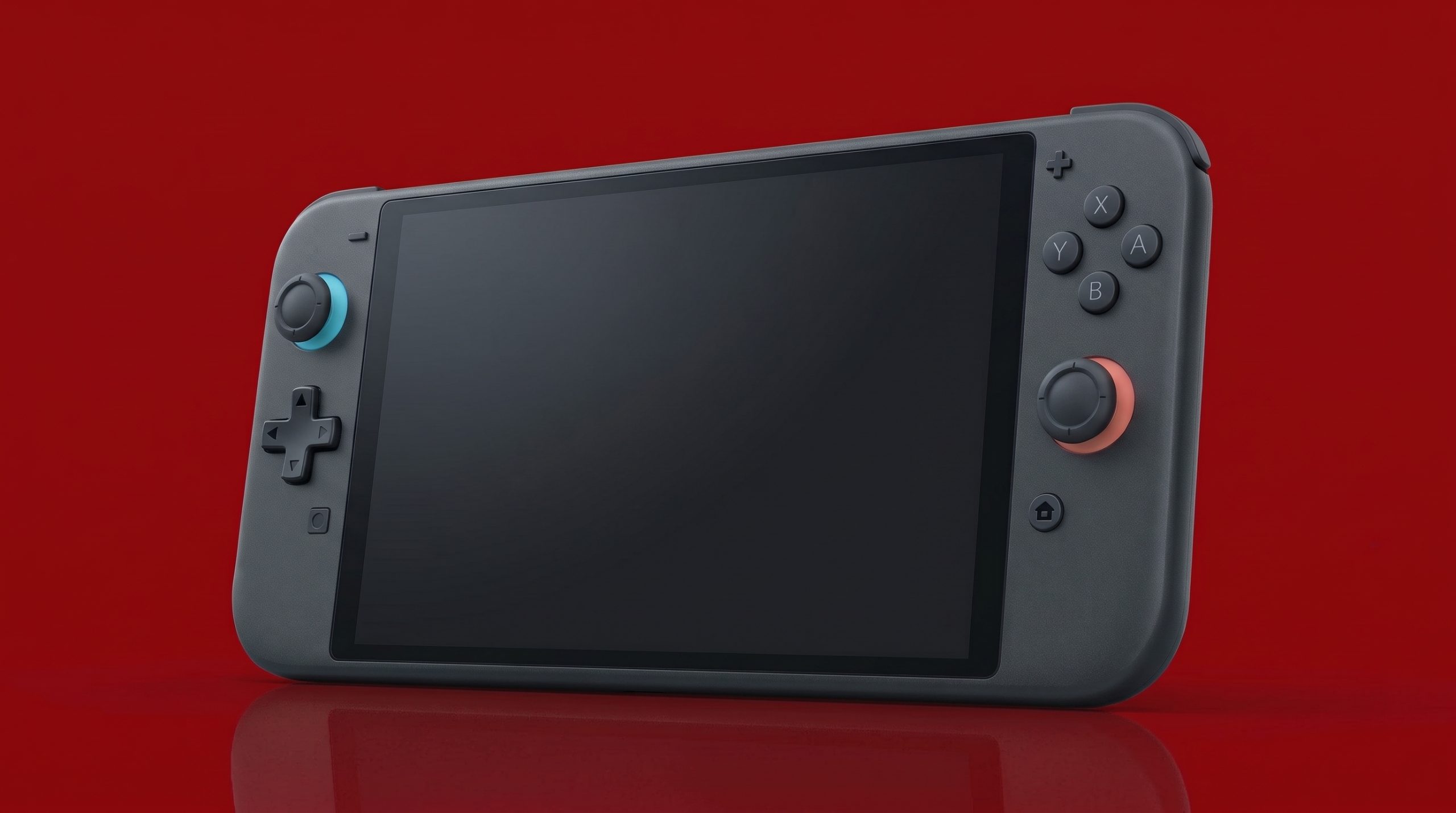 Ảnh dựng ý tưởng máy chơi game cầm tay Nintendo Switch 2 Lite màu xám trên nền đỏ.